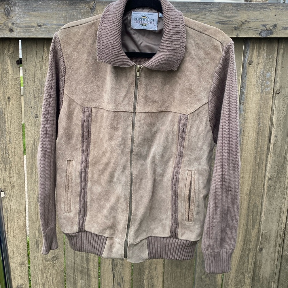 VINTAGE NORTHWEST TERRITORY Cable Knit Acrylic, Genuine Leather Jacket ~6463-001